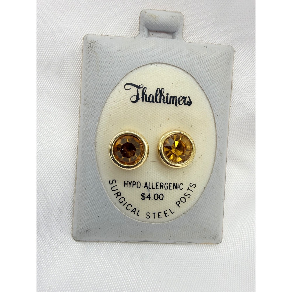 Vintage Thalhimers Amber Crystal Stud‎ Earrings Gold Tone Surgical Steel Posts